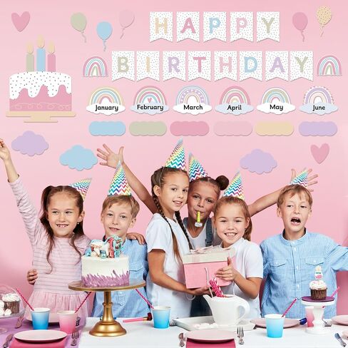 Nezyo 80 PCS Boho Birthday Bulletin Board Decoration مجموعة تقويم عيد ميلاد قوس قزح Decoration Rainbow Clutouts for Classroom Chart (Morandi Colors) in Kuwait