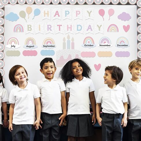 Nezyo 80 PCS Boho Birthday Bulletin Board Decoration مجموعة تقويم عيد ميلاد قوس قزح Decoration Rainbow Clutouts for Classroom Chart (Morandi Colors) in Kuwait