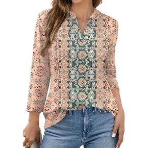 WIHOLL Womens Tops 3/4 Length Sleeve V Neck Shirts Dressy Casual Pleated Blouses Fall Vacation Fashion Trendy Clothes in Saudi Arabia
