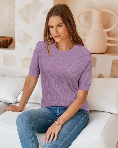 Arach&Cloz 2025 Womens Summer Short Sleeve Sweater Crochet Dressy Casual Spring Crew Neck Pullover Fashion Tops in Kuwait