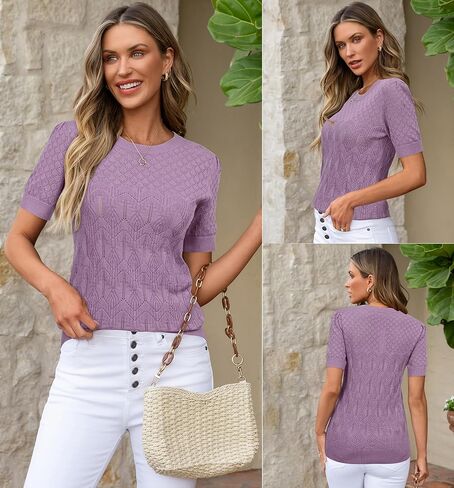 Arach&Cloz 2025 Womens Summer Short Sleeve Sweater Crochet Dressy Casual Spring Crew Neck Pullover Fashion Tops in Kuwait
