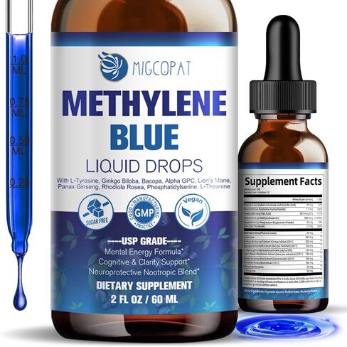 Methylene Blue Pharmaceutical Grade 2oz - USP Grade 1% with Alpha GPC, Lion’s Mane & Bacopa - Brain Supplements for Memory & Focus - Cognitive Support Supplement in Kuwait