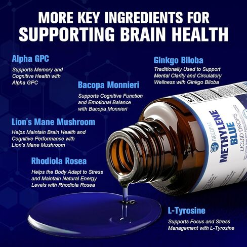 Methylene Blue Pharmaceutical Grade 2oz - USP Grade 1% with Alpha GPC, Lion’s Mane & Bacopa - Brain Supplements for Memory & Focus - Cognitive Support Supplement in Kuwait