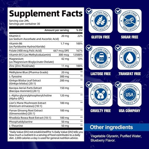 Methylene Blue Pharmaceutical Grade 2oz - USP Grade 1% with Alpha GPC, Lion’s Mane & Bacopa - Brain Supplements for Memory & Focus - Cognitive Support Supplement in Kuwait