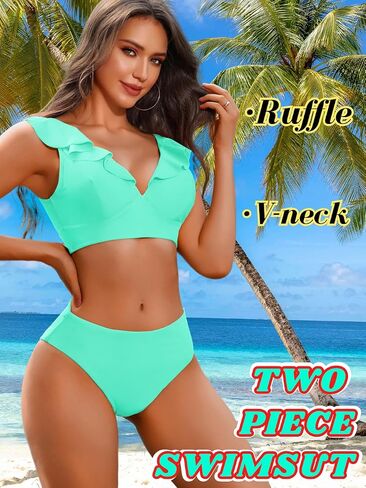Kaei&Shi Ruffle Two Piece Swimsuit for Women,Cheeky Bikini Sets,Full Coverage Bathing Suit in Saudi Arabia