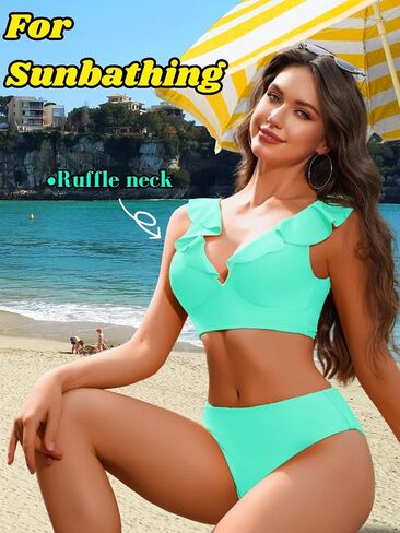 Kaei&Shi Ruffle Two Piece Swimsuit for Women,Cheeky Bikini Sets,Full Coverage Bathing Suit in Saudi Arabia