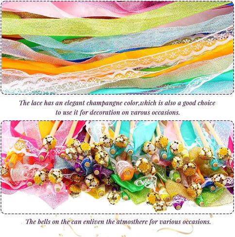 40 Pieces Ribbon Wedding Streamers with Bells, Lace Fairy Stick Wand Party Streamers Chromatic Silk Streamers for Party, Birthday and Holiday in Kuwait