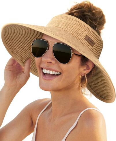 FURTALK Sun Visor Hats for Women Wide Brim Straw Ponytail Summer Beach Hat UV UPF Packable Foldable Travel in Kuwait