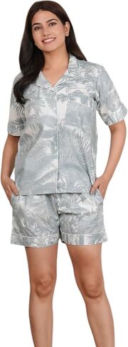COTSILER Women's Notch Collar Print Classic Comfy Button Down Soft Short Sleeves Sleepwear Cotton Pajama Night Set in Saudi Arabia