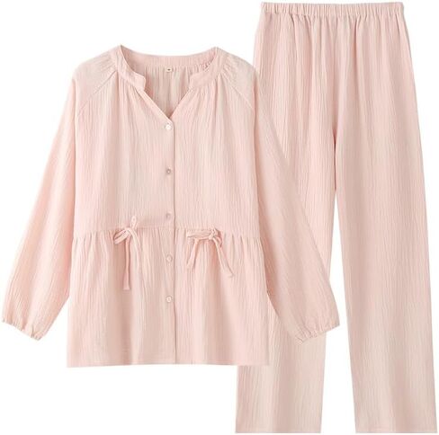 Womens Cotton Pajama Sets Muslin Pj Set V Neck Button Down Shirt and Pants Sleepwear 2 Piece Cute Pj Set in Saudi Arabia