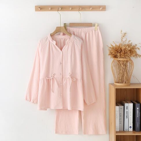 Womens Cotton Pajama Sets Muslin Pj Set V Neck Button Down Shirt and Pants Sleepwear 2 Piece Cute Pj Set in Saudi Arabia