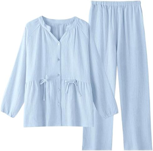 Womens Cotton Pajama Sets Muslin Pj Set V Neck Button Down Shirt and Pants Sleepwear 2 Piece Cute Pj Set in Saudi Arabia