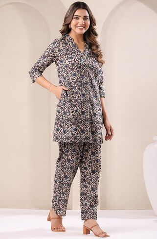 Janasya Indian Women's Co-ord for Women Pure Cotton Straight Floral Regular Sleeve Casual Above Knee Co-ord Set in Kuwait