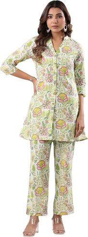 Janasya Indian Women's Co-ord for Women Pure Cotton Straight Floral Regular Sleeve Casual Above Knee Co-ord Set in Kuwait