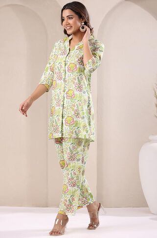 Janasya Indian Women's Co-ord for Women Pure Cotton Straight Floral Regular Sleeve Casual Above Knee Co-ord Set in Kuwait