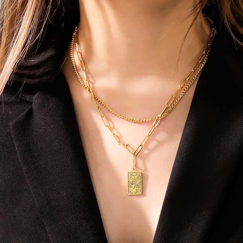 Teamer Double Layer Necklace Vintage Tarot Jewelry Good Luck Amulet Presants Necklace Stainless Steel Necklace in Kuwait