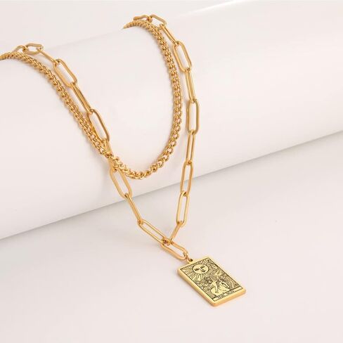 Teamer Double Layer Necklace Vintage Tarot Jewelry Good Luck Amulet Presants Necklace Stainless Steel Necklace in Kuwait