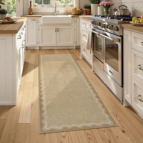 LIVEBOX Scalloped Easy Jute 2x5 Runner Kitchen Rug, Washable Non Slip Tan Rugs for Entryway Hallway, Indoor Outdoor Rug Geometric Farmhouse Carpet Door Mat Runners for Porch Bedroom Laundry Room in Saudi Arabia