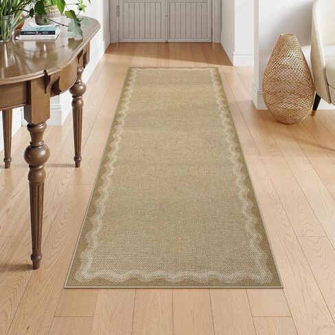 LIVEBOX Scalloped Easy Jute 2x5 Runner Kitchen Rug, Washable Non Slip Tan Rugs for Entryway Hallway, Indoor Outdoor Rug Geometric Farmhouse Carpet Door Mat Runners for Porch Bedroom Laundry Room in Saudi Arabia