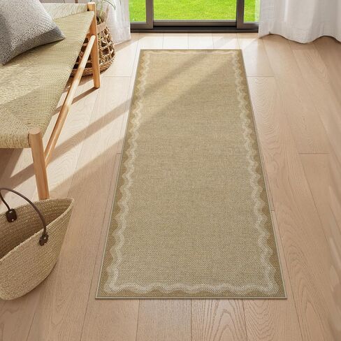 LIVEBOX Scalloped Easy Jute 2x5 Runner Kitchen Rug, Washable Non Slip Tan Rugs for Entryway Hallway, Indoor Outdoor Rug Geometric Farmhouse Carpet Door Mat Runners for Porch Bedroom Laundry Room in Saudi Arabia