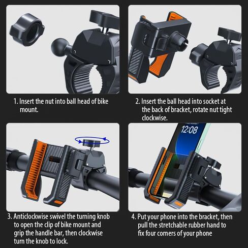 KIVOS Motorcycle Phone Mount Holder with 1s Lock & Camera-Friendly Design, Handlebar Clamp for Bikes, Scooters - Compatible with iPhone 15 Pro Max, 14, 13 Mini, and 2.4"-3.54" Wide Phones in Kuwait