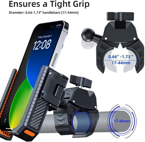 KIVOS Motorcycle Phone Mount Holder with 1s Lock & Camera-Friendly Design, Handlebar Clamp for Bikes, Scooters - Compatible with iPhone 15 Pro Max, 14, 13 Mini, and 2.4"-3.54" Wide Phones in Kuwait