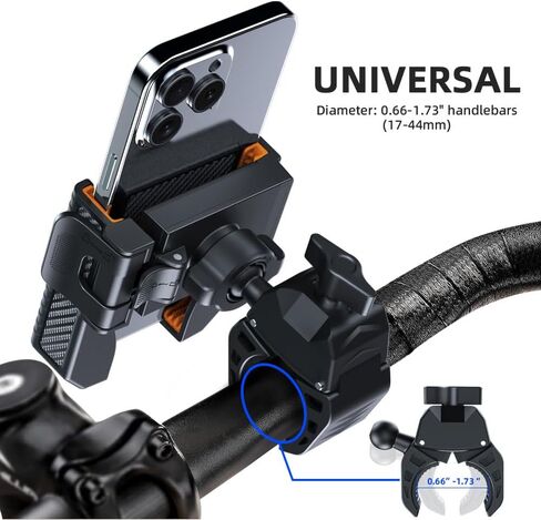KIVOS Motorcycle Phone Mount Holder with 1s Lock & Camera-Friendly Design, Handlebar Clamp for Bikes, Scooters - Compatible with iPhone 15 Pro Max, 14, 13 Mini, and 2.4"-3.54" Wide Phones in Kuwait