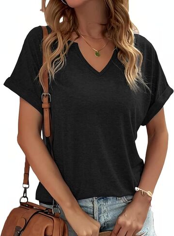Womens Summer Tops Short Sleeve Shirts for Women V Neck Basic Fashion Clothes in Saudi Arabia