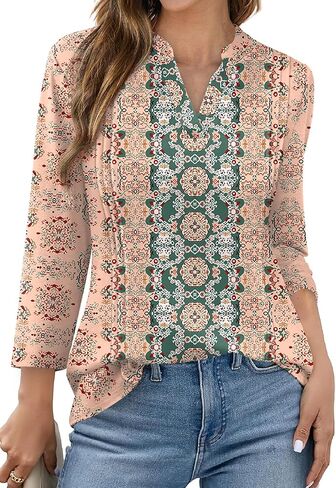 WIHOLL Womens Tops 3/4 Length Sleeve V Neck Shirts Dressy Casual Pleated Blouses Fall Vacation Fashion Trendy Clothes in Saudi Arabia