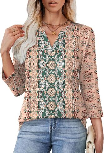 WIHOLL Womens Tops 3/4 Length Sleeve V Neck Shirts Dressy Casual Pleated Blouses Fall Vacation Fashion Trendy Clothes in Saudi Arabia