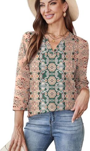 WIHOLL Womens Tops 3/4 Length Sleeve V Neck Shirts Dressy Casual Pleated Blouses Fall Vacation Fashion Trendy Clothes in Saudi Arabia
