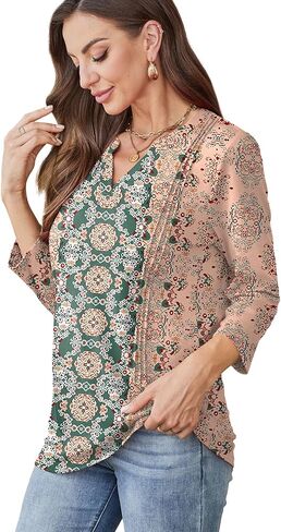 WIHOLL Womens Tops 3/4 Length Sleeve V Neck Shirts Dressy Casual Pleated Blouses Fall Vacation Fashion Trendy Clothes in Saudi Arabia