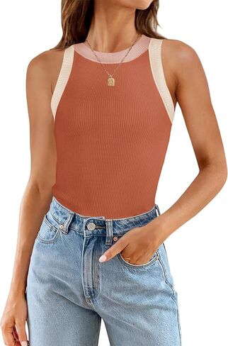 ZESICA Womens Summer Sleeveless Tank Tops Ribbed High Neck Racerback Slim Fitted Color Block Casual Shirts in Kuwait