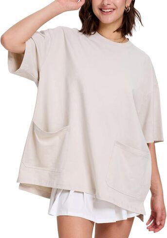 FAIABLE Womens Oversized T Shirts with Pockets, Cotton Shirt Fashion Loose Fit Crewneck Short Sleeve Top Side Slit Tee Summer in Kuwait