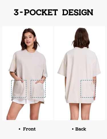 FAIABLE Womens Oversized T Shirts with Pockets, Cotton Shirt Fashion Loose Fit Crewneck Short Sleeve Top Side Slit Tee Summer in Kuwait