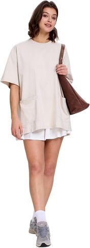 FAIABLE Womens Oversized T Shirts with Pockets, Cotton Shirt Fashion Loose Fit Crewneck Short Sleeve Top Side Slit Tee Summer in Kuwait