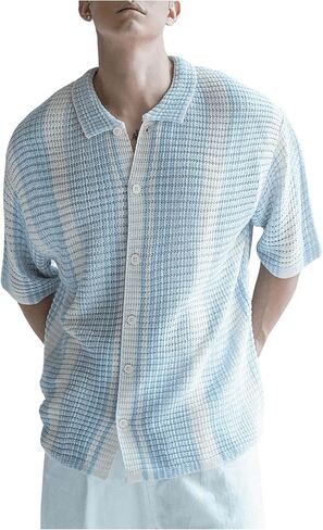 Men's Striped Crochet Shirt Hollow Out Button Down Short Sleeve Collared Knit Tops in Saudi Arabia