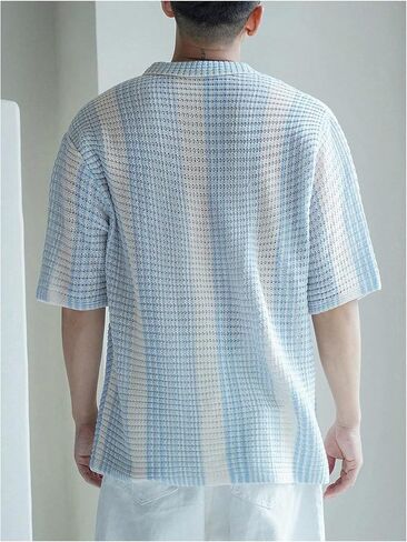 Men's Striped Crochet Shirt Hollow Out Button Down Short Sleeve Collared Knit Tops in Saudi Arabia