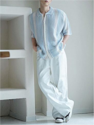 Men's Striped Crochet Shirt Hollow Out Button Down Short Sleeve Collared Knit Tops in Saudi Arabia