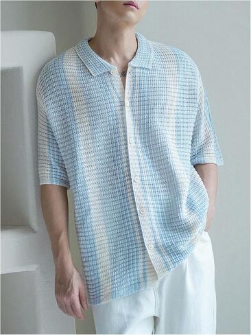 Men's Striped Crochet Shirt Hollow Out Button Down Short Sleeve Collared Knit Tops in Saudi Arabia
