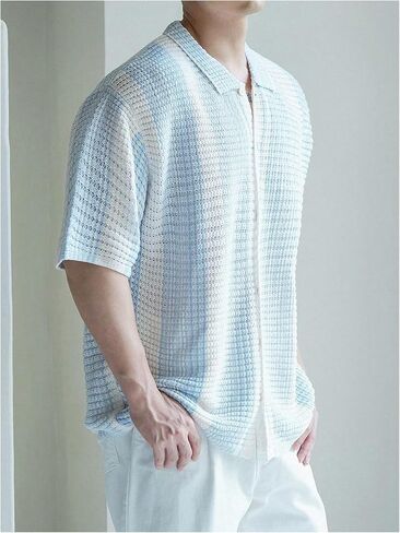 Men's Striped Crochet Shirt Hollow Out Button Down Short Sleeve Collared Knit Tops in Saudi Arabia
