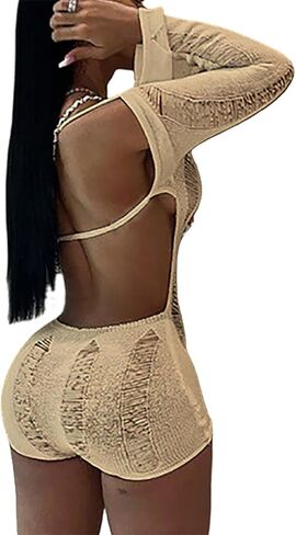 Women's Sexy Backless Rompers One Piece Long Sleeve Knitted Jumpsuit Off The Shoulder Bodycon Hollow Out Jumpsuits in Saudi Arabia