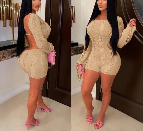 Women's Sexy Backless Rompers One Piece Long Sleeve Knitted Jumpsuit Off The Shoulder Bodycon Hollow Out Jumpsuits in Saudi Arabia