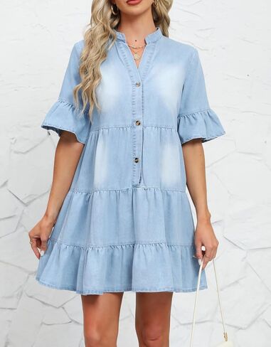 CYLADY Women Denim Dresses Casual V Neck Ruffle Short Sleeve Summer Denim Jean Dress in Saudi Arabia