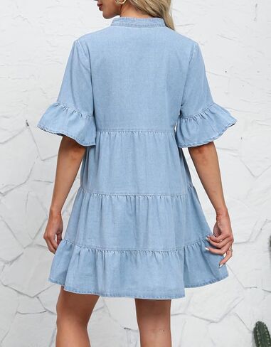 CYLADY Women Denim Dresses Casual V Neck Ruffle Short Sleeve Summer Denim Jean Dress in Saudi Arabia