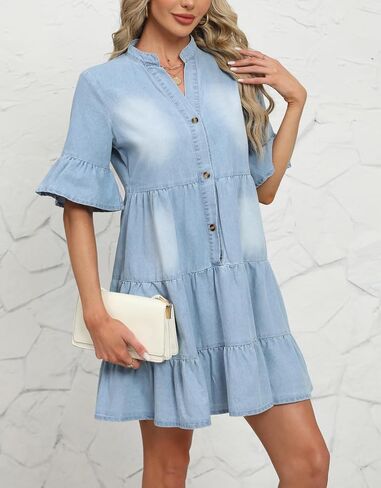 CYLADY Women Denim Dresses Casual V Neck Ruffle Short Sleeve Summer Denim Jean Dress in Saudi Arabia