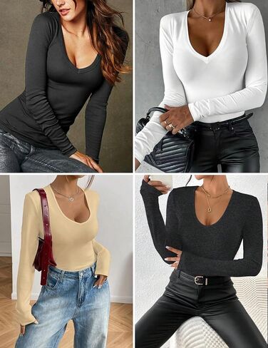 Ekouaer Deep V Neck Shirts for Women Long Sleeve Thermal Tops Slim Fit Lightweight Undershirts Soft Low Cut Tees XS-XXL in Saudi Arabia