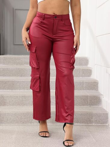 Ryehack Faux Leather Pants for Women Y2K High Waisted Wide Leg Cargo Pants PU Trousers with Pockets in Kuwait