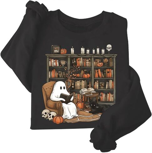 شبح قراءة الكتب Sweatshirt أمين مكتبة الشبح هالوين قميص قميص هالوين المعلم من النوع الثقيل in Saudi Arabia