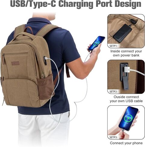Tzowla Canvas Laptop College Backpack for Men and Women,Travel Work Vintage Rucksack with USB/Type-C Charging Port,Lightweight Hiking Casual Daypack Backpacks fit 15.6 inch Notebook,Black in Saudi Arabia